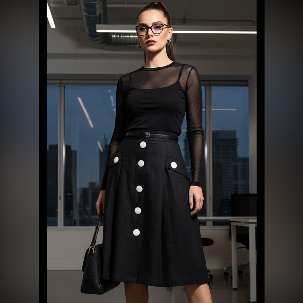 Style & co Linen black Skirt Pleated Wednesday Emo Goth academia office siren
